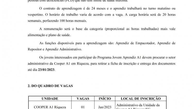 EDITAL JOVEM APRENDIZ PARA RIQUEZA/SC