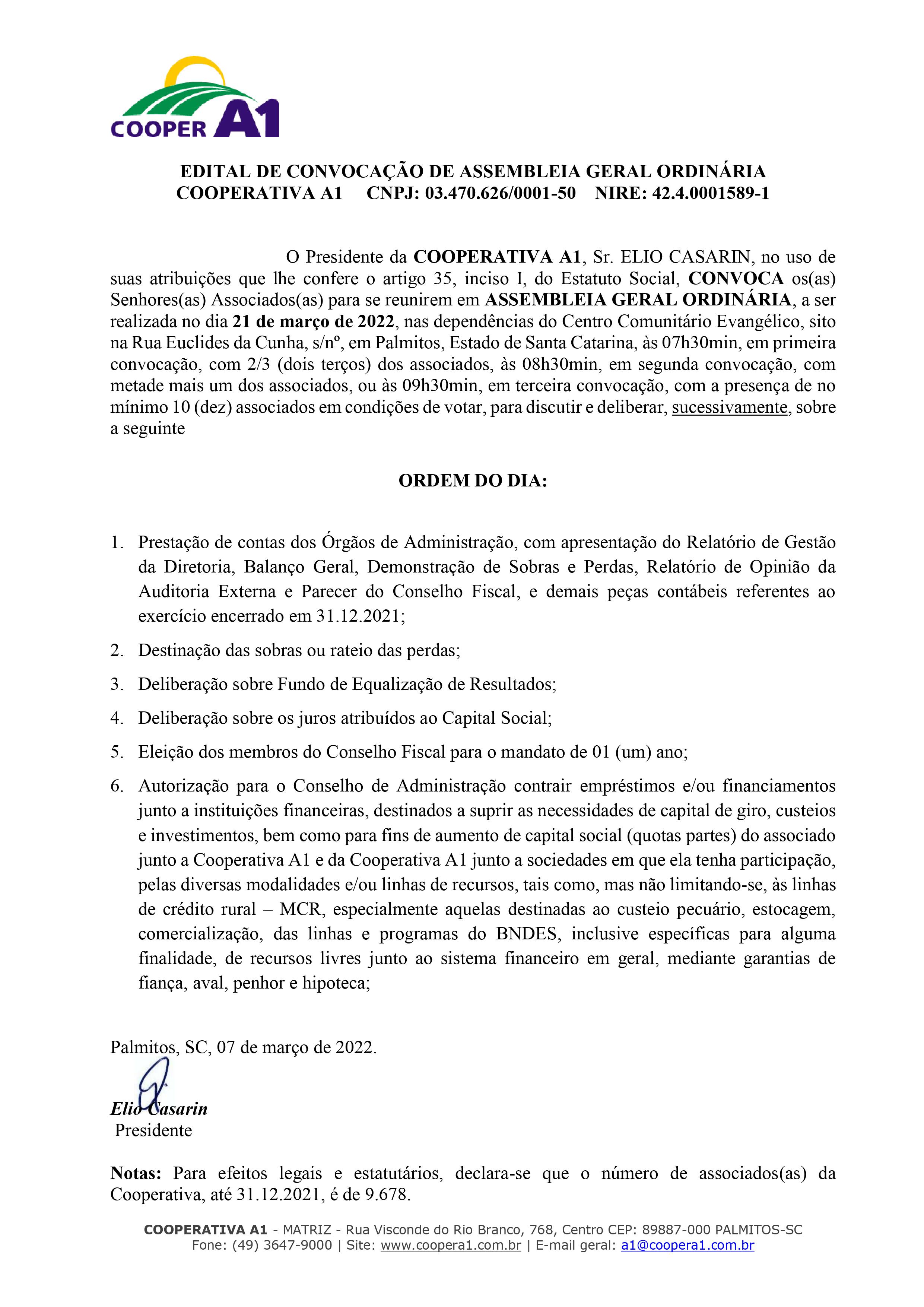 EDITAL DE CONVOCAÇÃO: AGO 2022