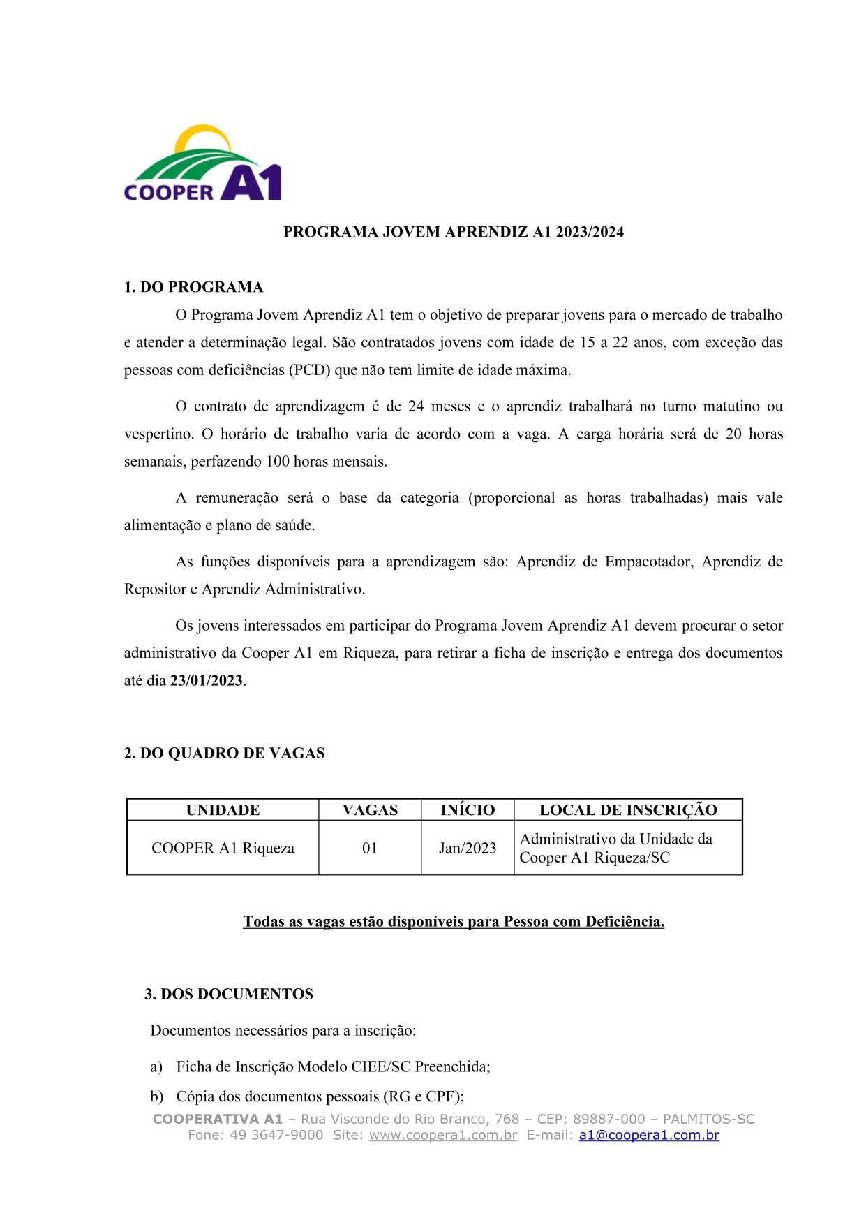 EDITAL JOVEM APRENDIZ PARA RIQUEZA/SC